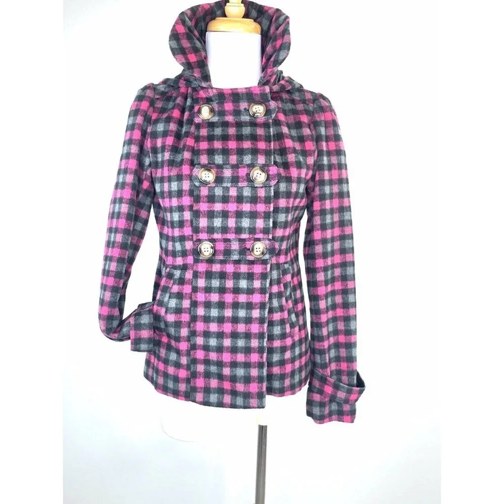 Pink Envelope Women’s Peacoat Hooded Plaid Double Breasted Look Jacket Small - Picture 5 of 11